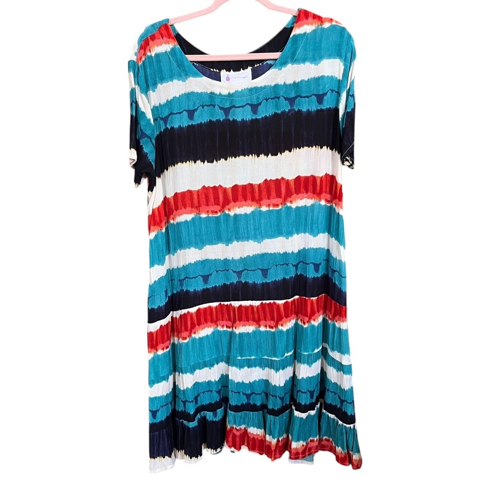 Pink Pineapple Red White & Blue Stripe Rayon Tiered Shift Dress Size XL